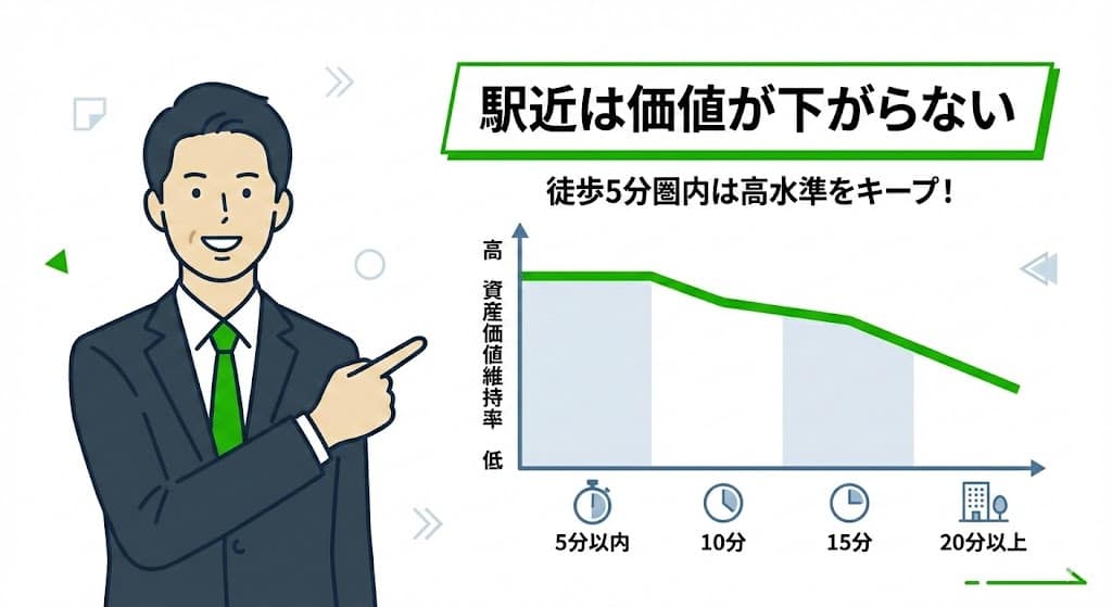 吉塚駅からの徒歩分数とマンション資産価値維持率の相関グラフ