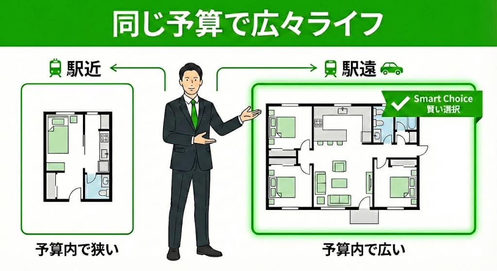 駅近の狭いマンションと駅遠の広いマンションの比較イラスト