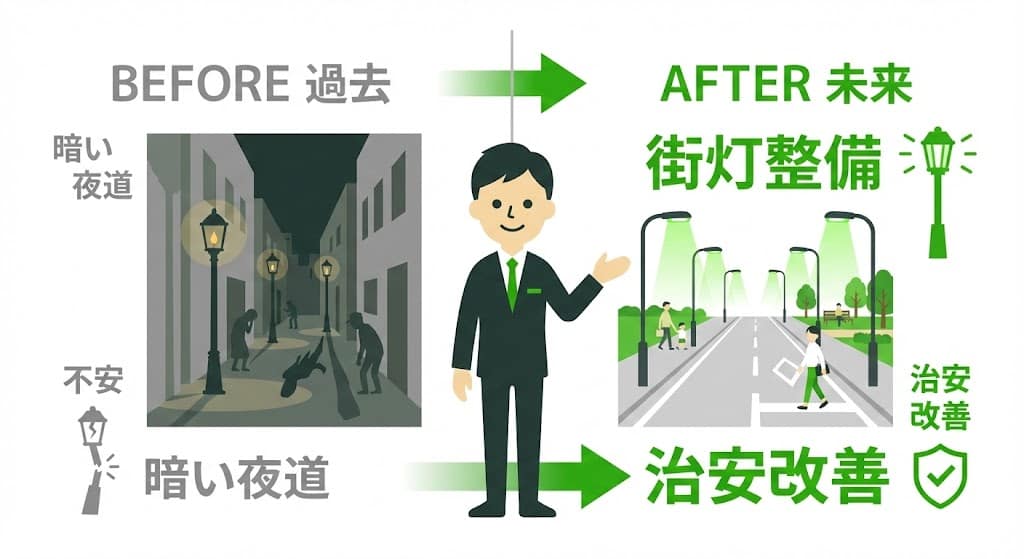 昔の暗いイメージと、現在の明るく整備された千代の街並みの比較イラスト。