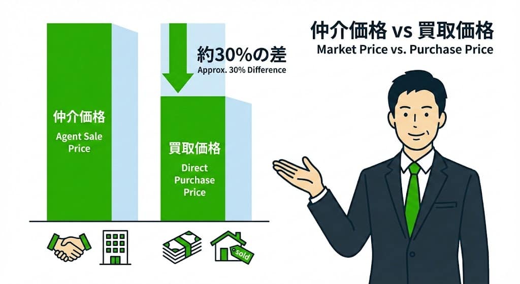 不動産売却における仲介価格と買取価格の差額イメージ図