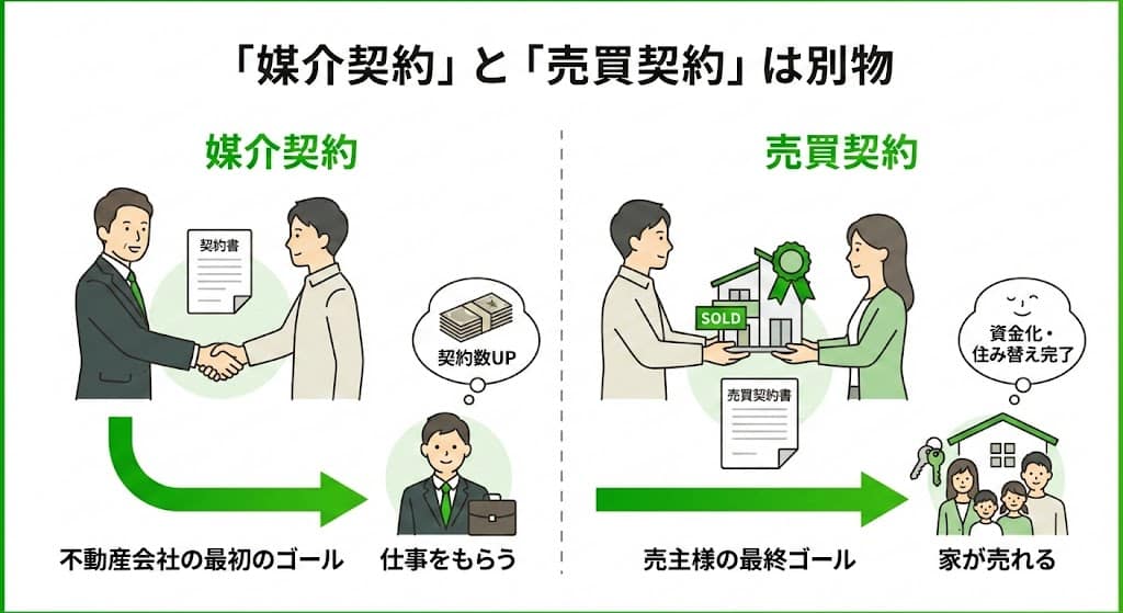 福岡市博多区吉塚の不動産売却における「媒介契約」と「売買契約」のゴール設定の違い