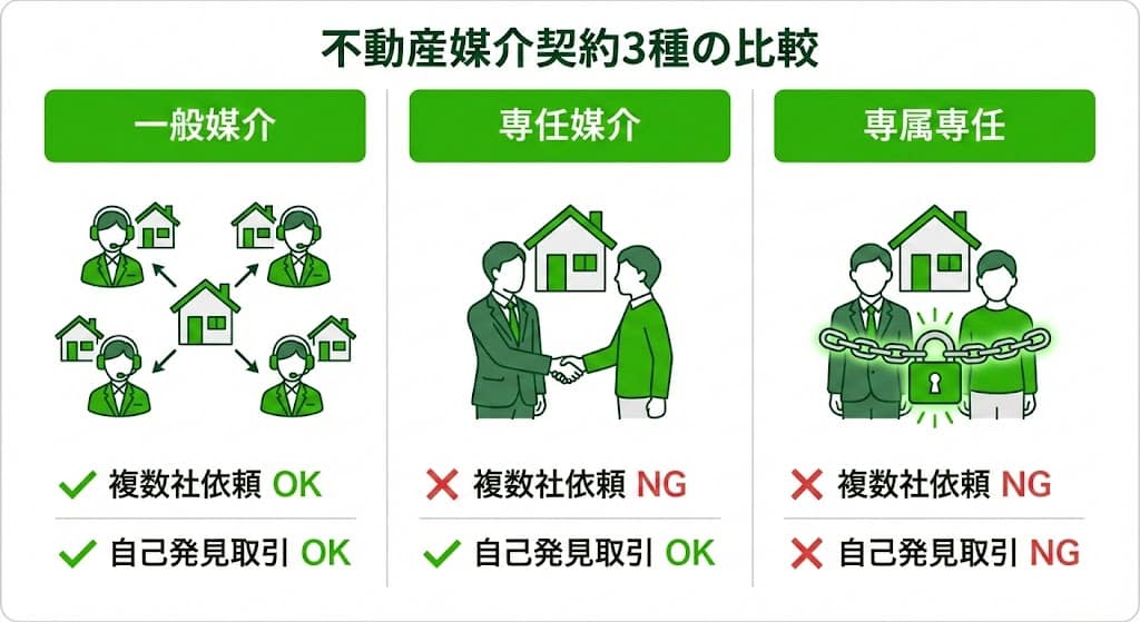 不動産媒介契約3種類(一般・専任・専属専任)の違いが一目でわかる比較表