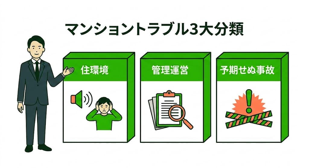 福岡市博多区吉塚マンション特有のトラブル(住環境・管理運営・事件事故)の3大分類