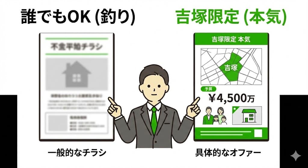 信頼できる具体的な不動産チラシと、怪しい定型文チラシの比較イラスト