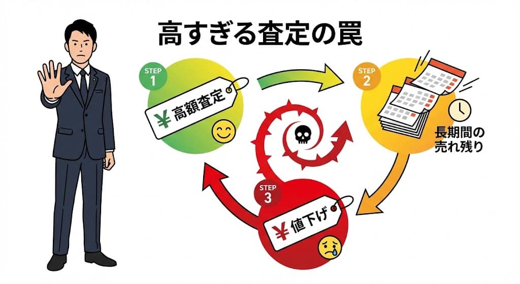 高すぎる査定額から値下げを繰り返して売れ残る失敗パターンの図解