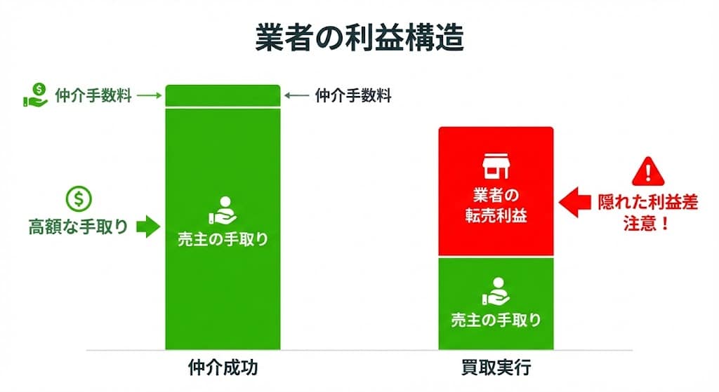 買取保証利用時の売主手取り額の減少と不動産会社の利益増加のシミュレーショングラフ