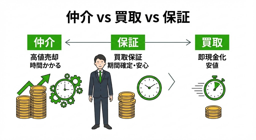 福岡市博多区吉塚の不動産売却における仲介・買取・買取保証の仕組み比較図