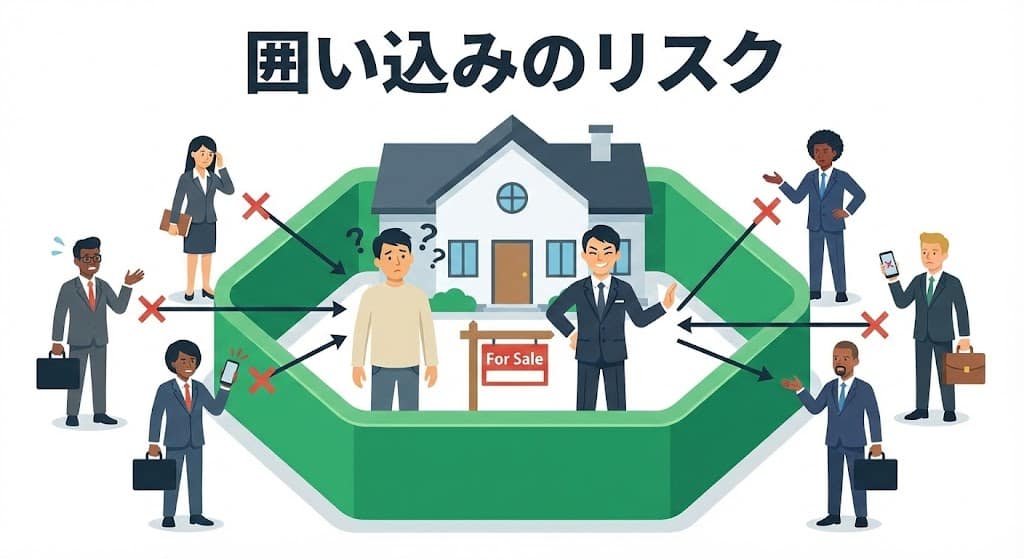 不動産会社の囲い込みによって販売機会が失われる仕組みの図解