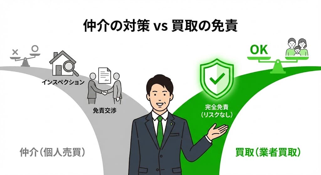 仲介売却でのインスペクション・免責交渉と、買取売却の免責メリットの比較図