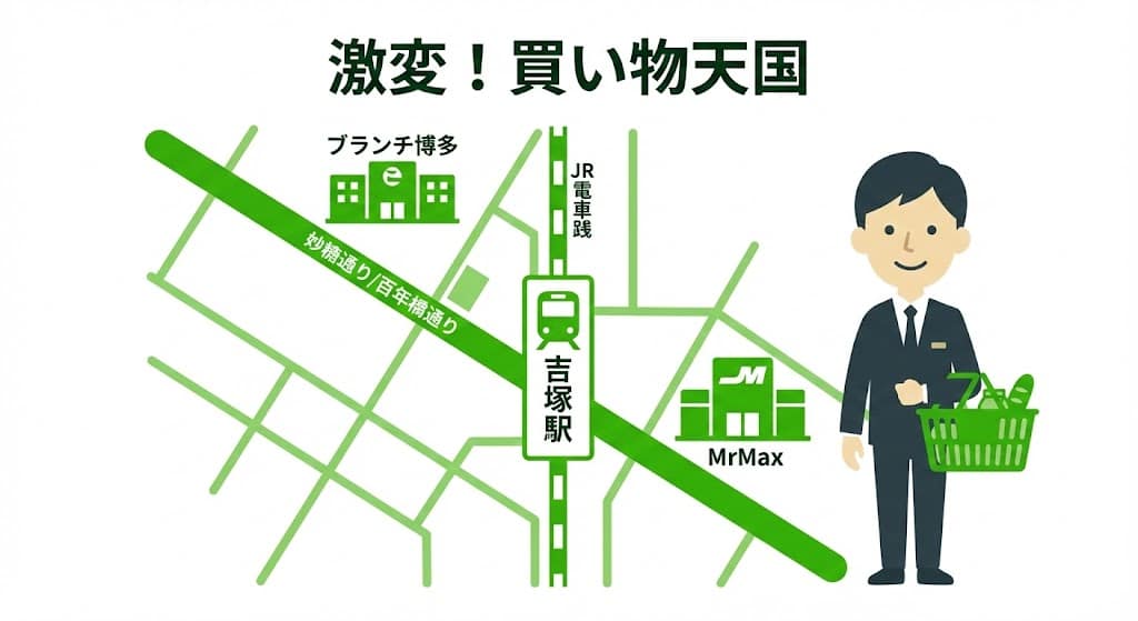 吉塚駅周辺の地図 ブランチ博多パピヨンガーデンとミスターマックスの位置関係