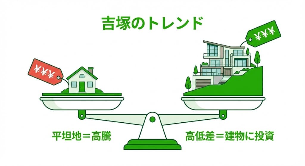 福岡市博多区吉塚における平坦地と傾斜地の価格・需要比較グラフ