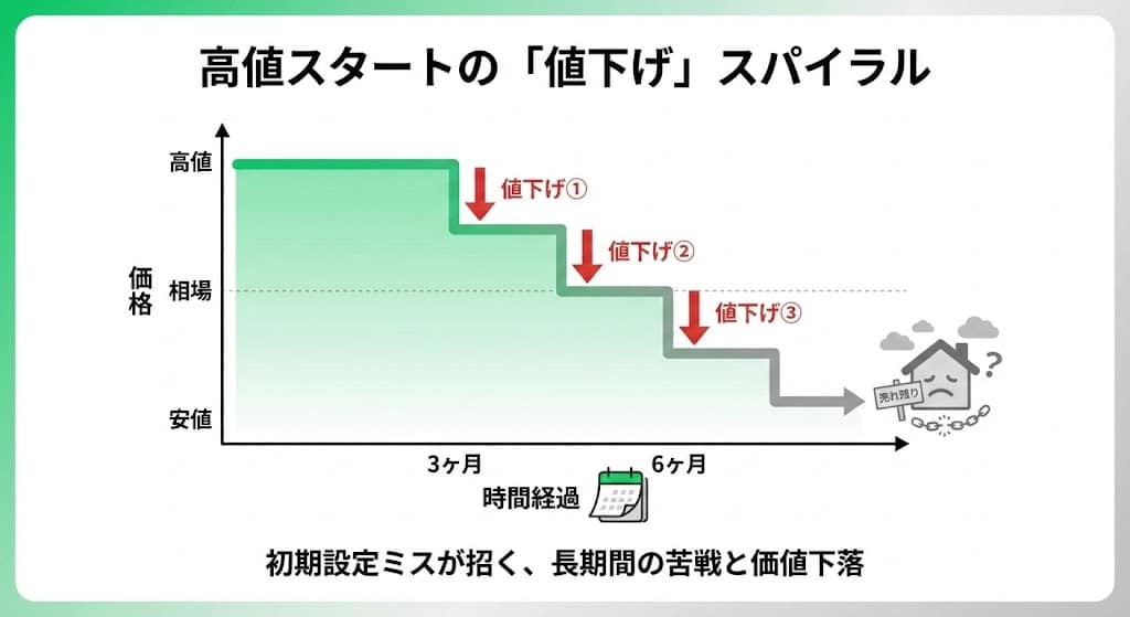 高値で売り出した物件が時間の経過とともに値下げを繰り返し、最終的に相場以下になるグラフ