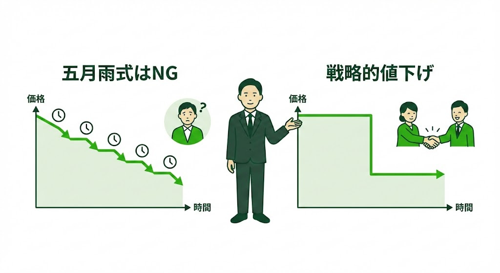 五月雨式の値下げと戦略的な値下げの成約期間比較図