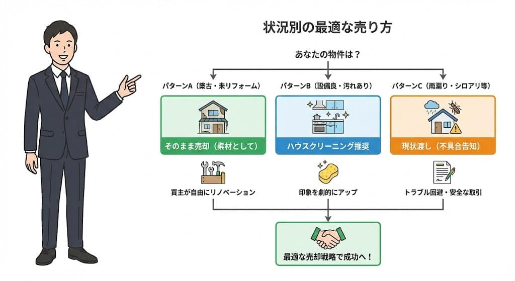 福岡市博多区吉塚 物件の状況に応じた売却方法のフローチャート