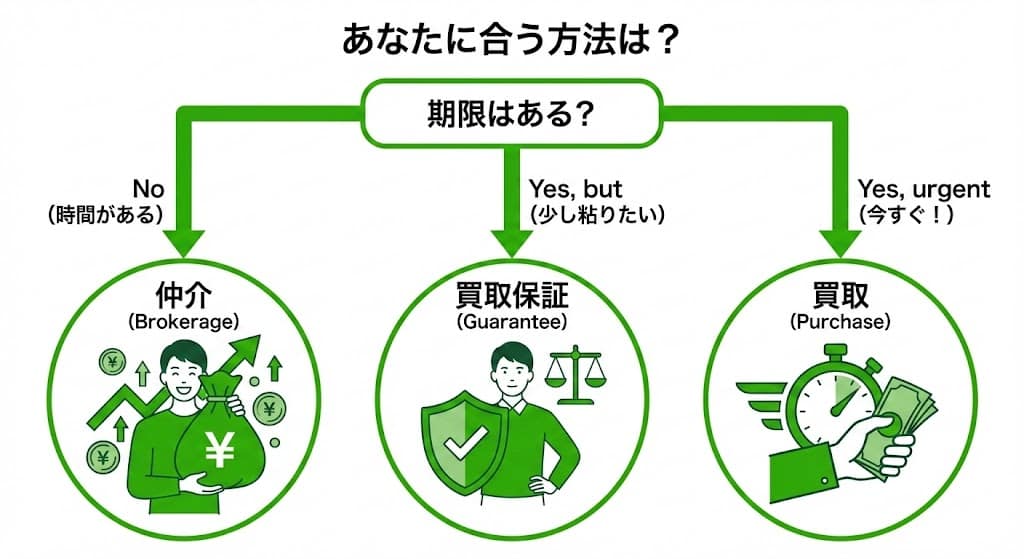 時間的余裕と希望条件から選ぶ不動産売却方法の診断フローチャート