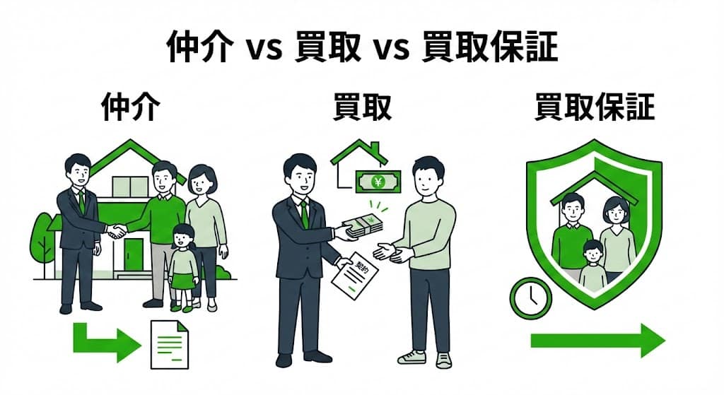 不動産売却における仲介・買取・買取保証の仕組み比較図