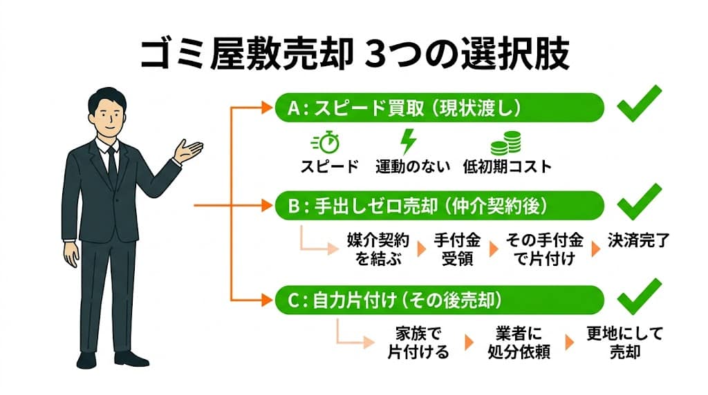 博多区吉塚ゴミ屋敷売却の3つの選択肢フローチャート
