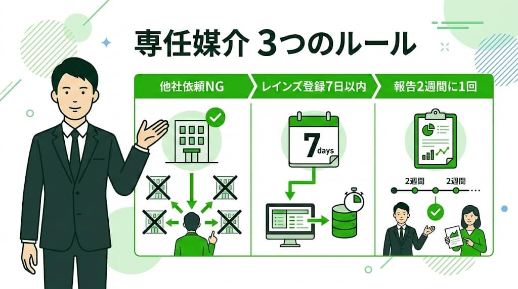 専任媒介契約の3つのルール(1社限定、レインズ登録7日以内、報告2週間に1回)と専属専任との違い