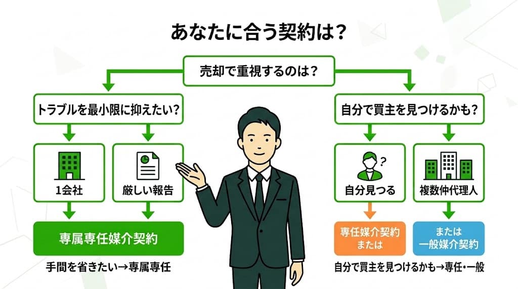 状況や希望に合わせた不動産売却の媒介契約(一般・専任・専属専任)の選び方フローチャート