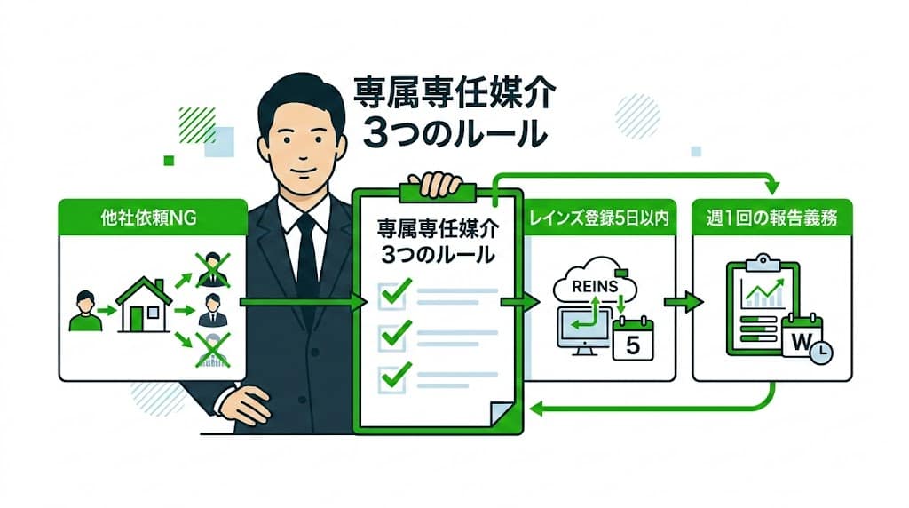 福岡市博多区吉塚の不動産売却における専属専任媒介契約の3つの法的義務(他社依頼禁止、レインズ5日以内登録、週1回以上の報告)
