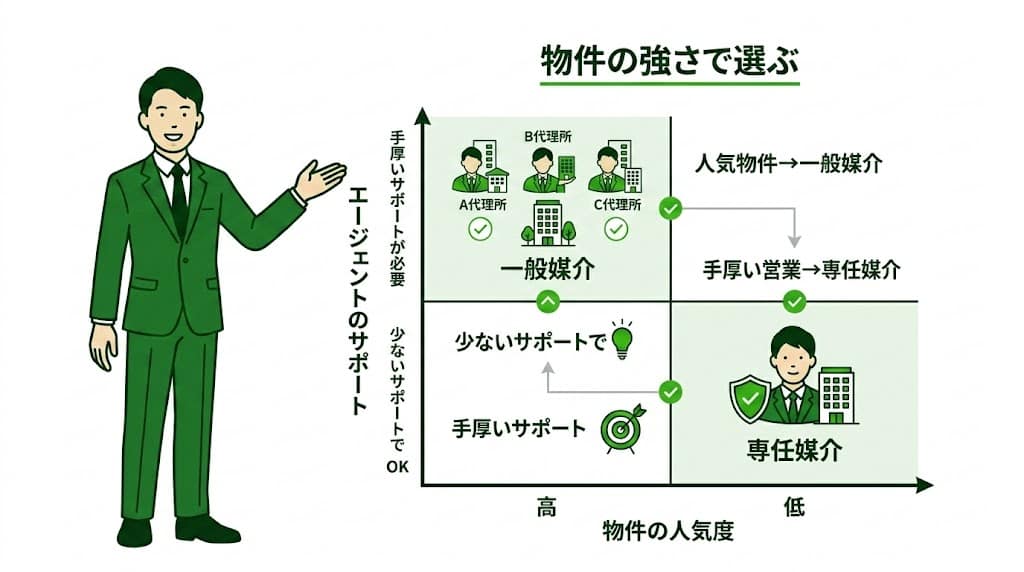 物件の人気度と売主の管理能力に応じた不動産売却契約(一般・専任)の選び方マトリックス