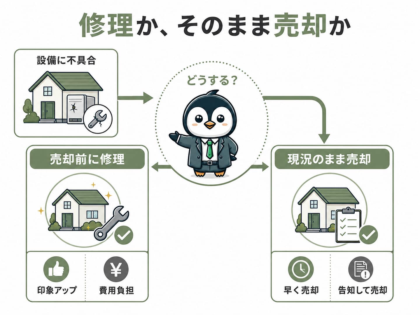 福岡市博多区吉塚の不動産売却における設備故障の対応判断フロー図