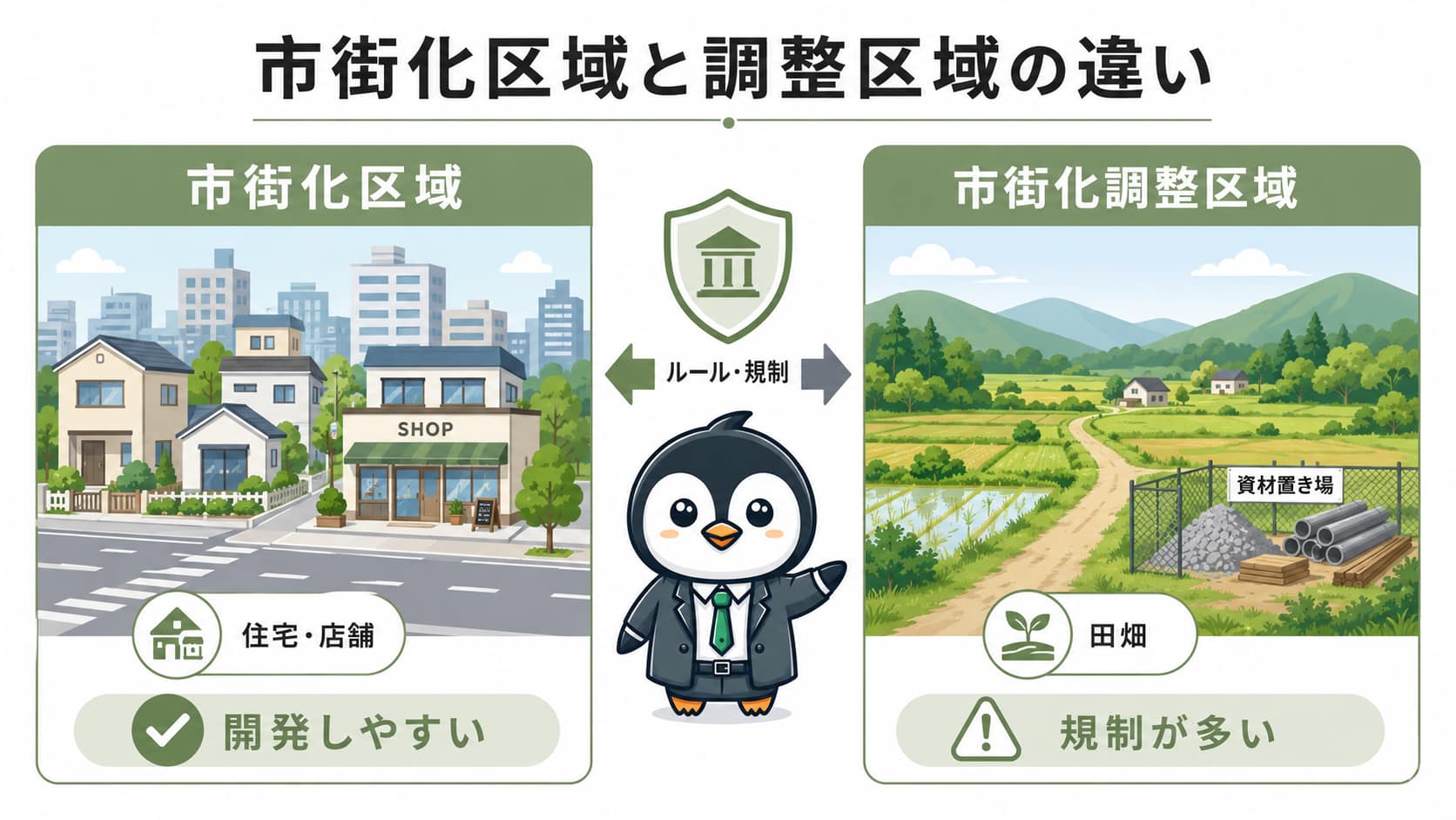福岡市周辺における市街化区域と市街化調整区域の制限の違いを説明した図