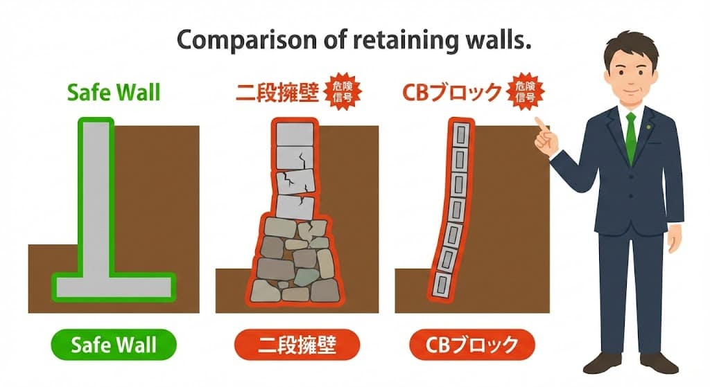 福岡市博多区吉塚の不動産売却 - 二段擁壁とコンクリートブロック擁壁の危険性解説図
