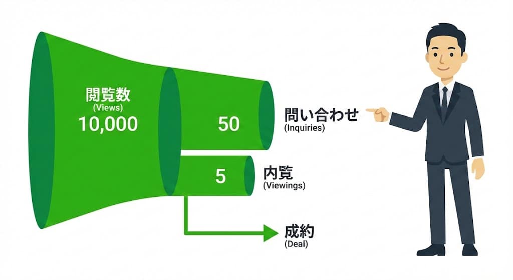不動産売却における閲覧数から内覧、成約に至るまでの歩留まりイメージ図