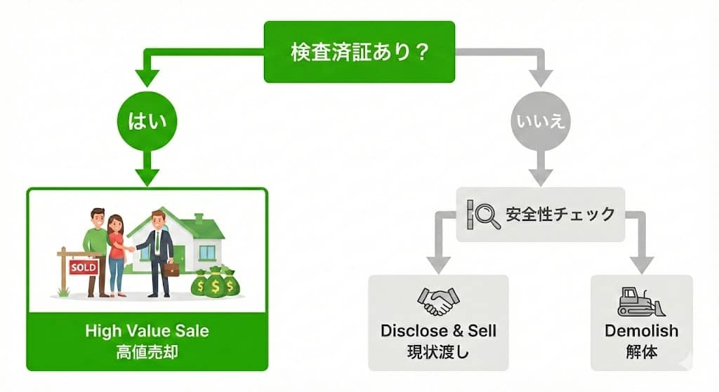 擁壁の安全性と検査済証の有無による不動産売却ルートの分岐チャート