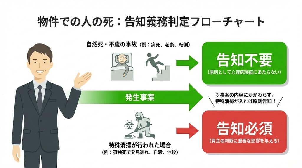 事故物件の告知義務ガイドライン判定フローチャート 自然死は原則不要