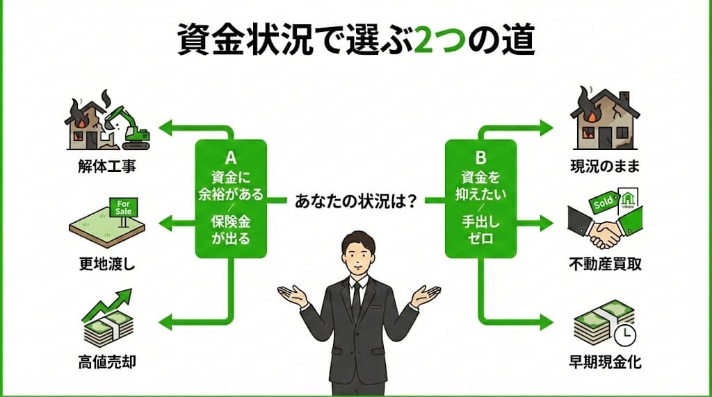 火災物件の売却判断チャート(解体して売却か、現況渡しでの売却か)