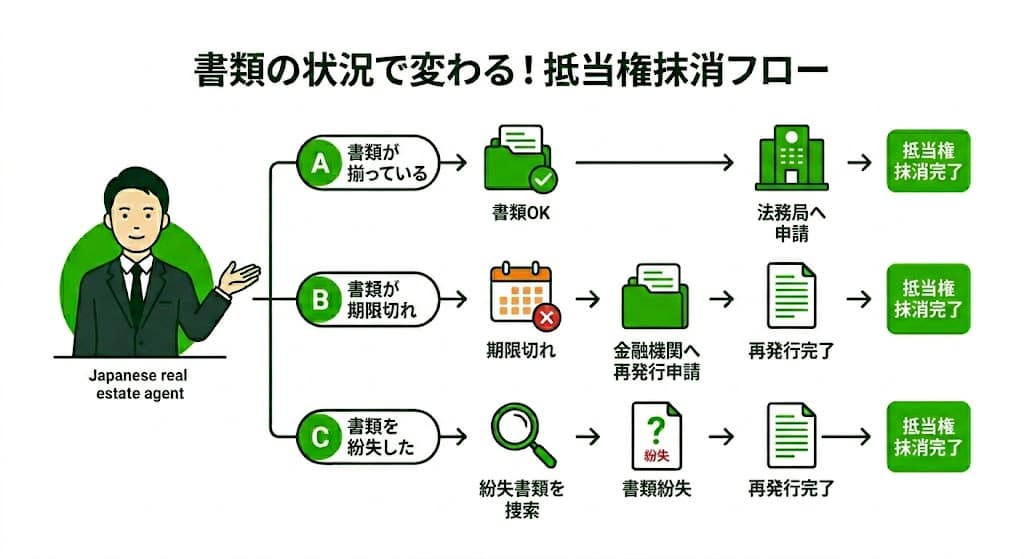吉塚 抵当権抹消 書類の状況別フローチャート