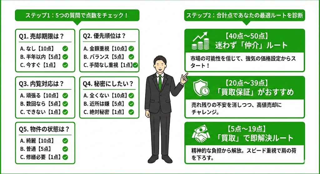 福岡市博多区吉塚の不動産売却診断シート。5つの質問(期限・優先順位・内覧・秘密・物件状態)の合計点で、仲介・買取・買取保証の中から自分に最適な売却方法を判定する解説図解。