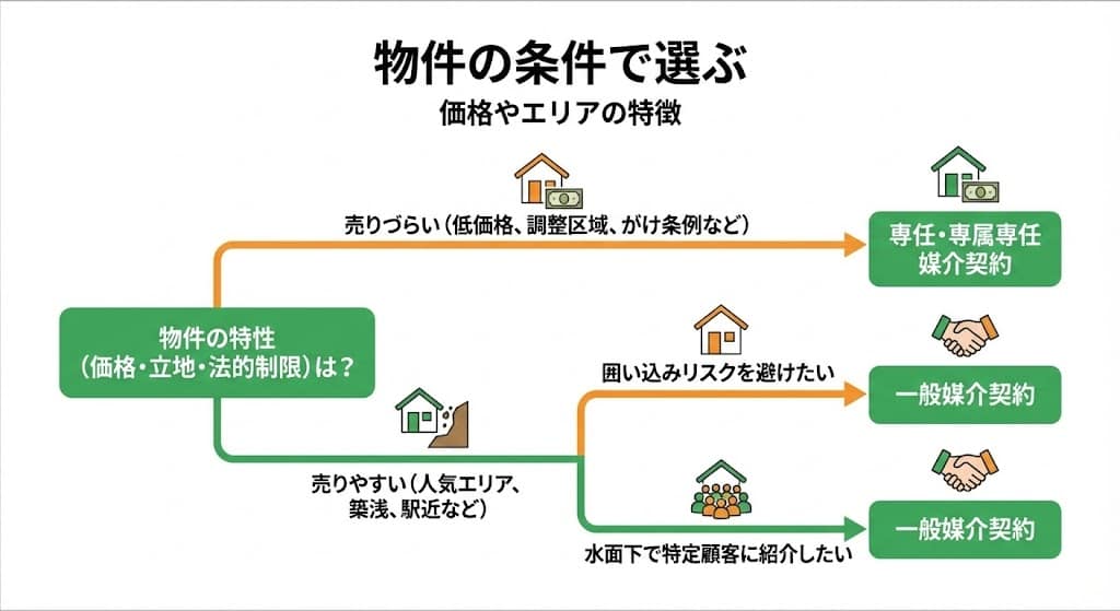 物件の売りやすさや条件に基づいた媒介契約の選び方チャート