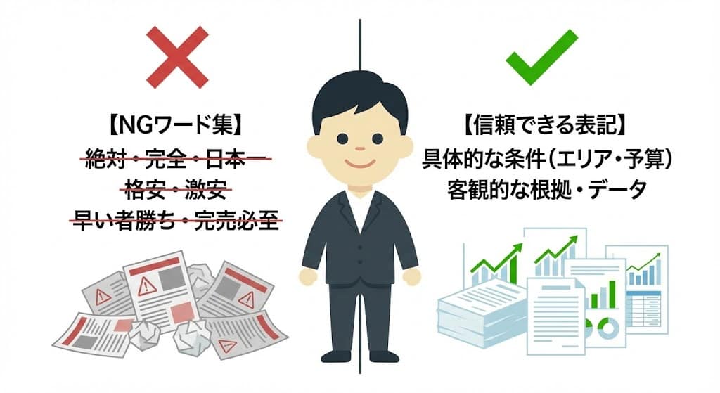 不動産チラシのNGワード一覧(絶対、日本一、格安など)と公正競争規約の解説