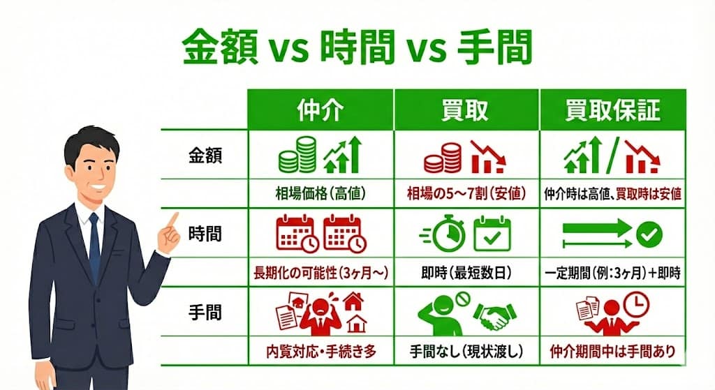 仲介・買取・買取保証のメリットとデメリット比較表