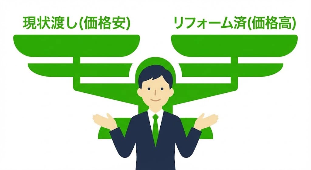不動産売却の戦略比較 価格を下げて現状で売るか、費用をかけてリフォームして高く売るかの天秤図