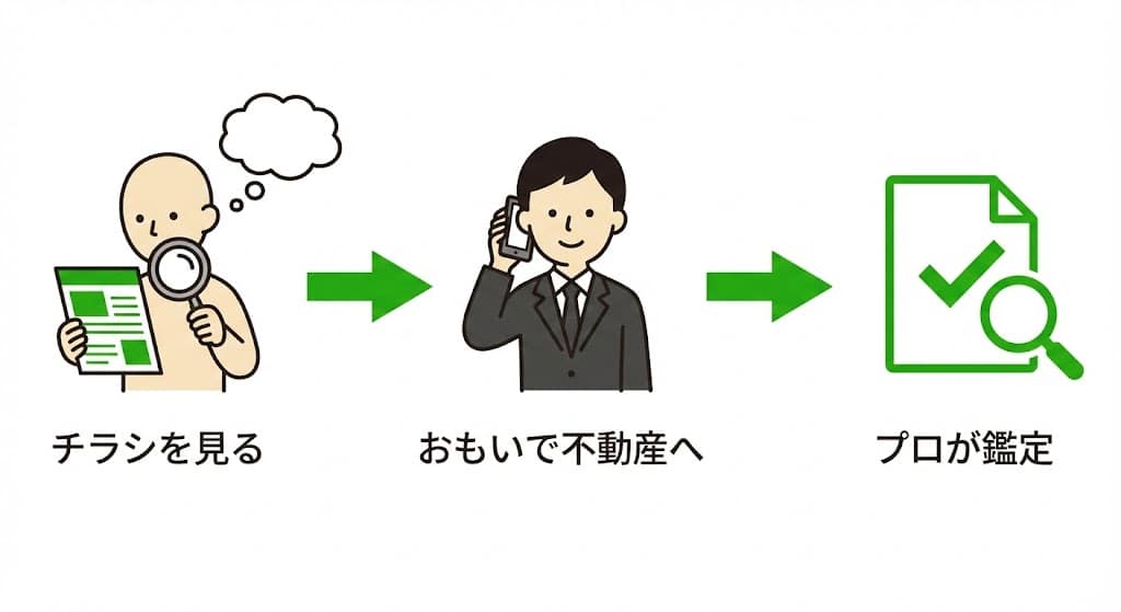 不動産チラシを受け取ってからおもいで不動産へ相談するまでの流れ