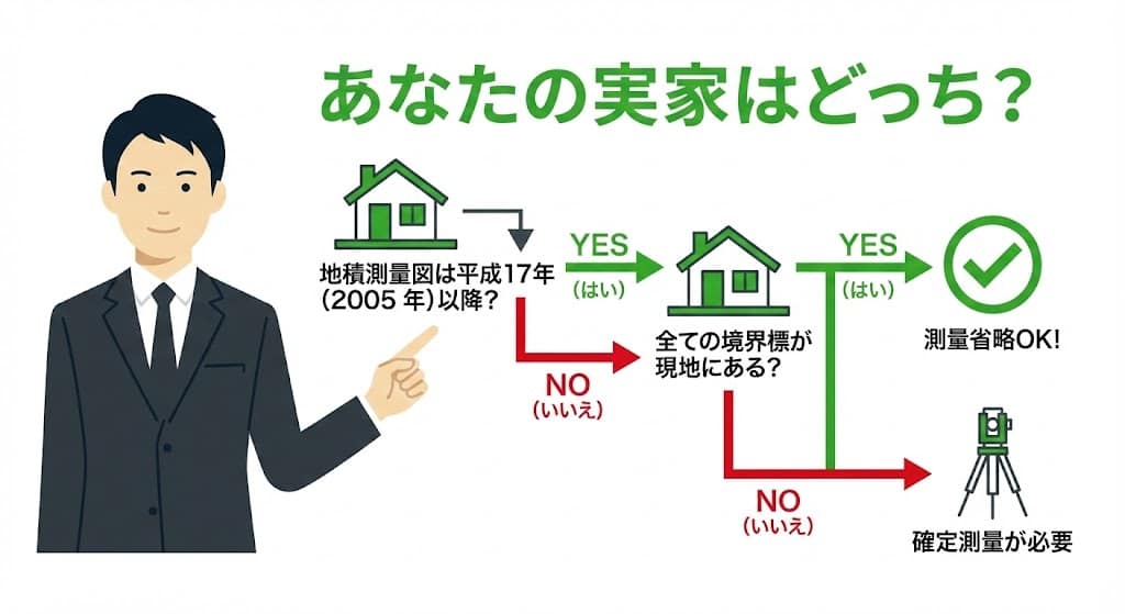 福岡市博多区吉塚 確定測量が必要かどうかのセルフチェック分岐図