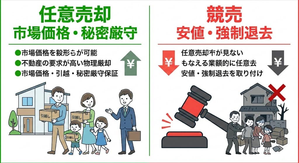 競売と任意売却の比較(価格、プライバシー、残債)