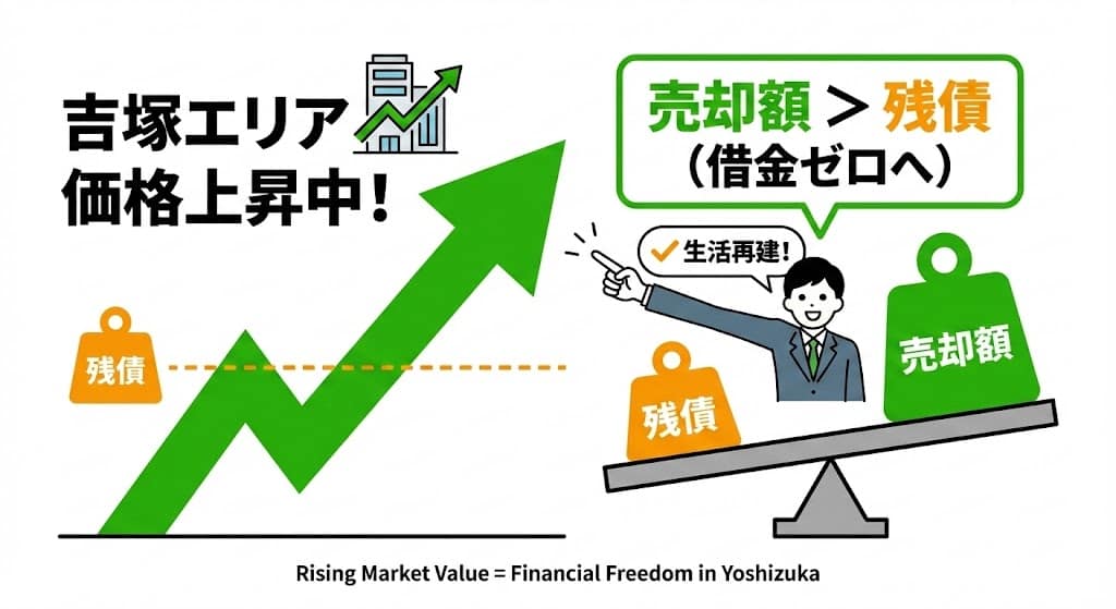 吉塚の地価上昇により、残債が消える(または大幅に減る)イメージ