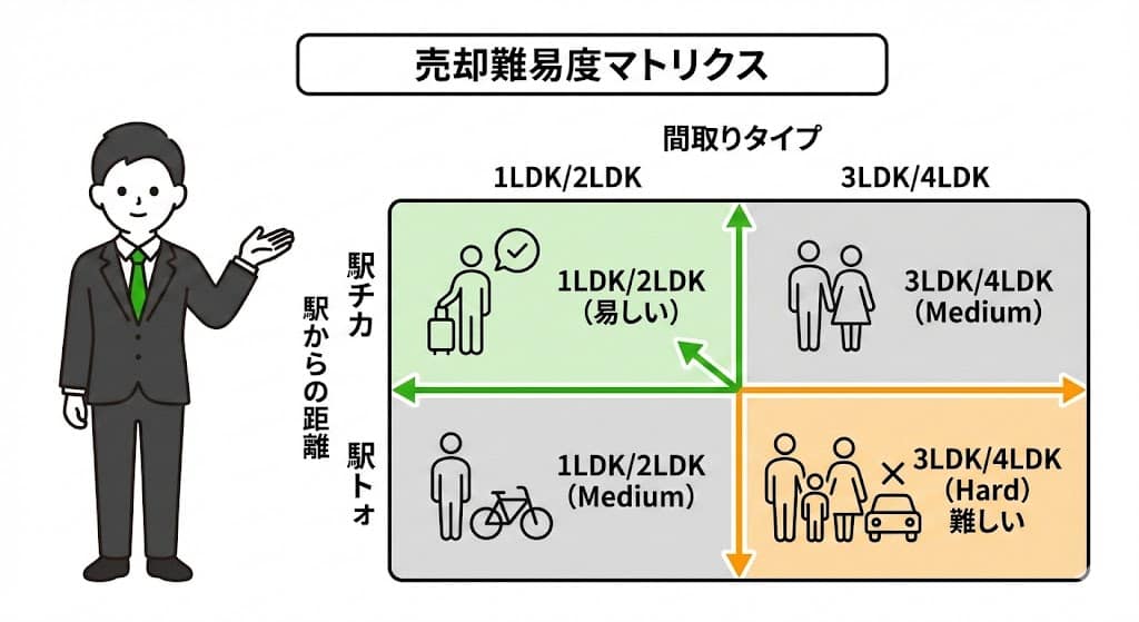 博多区吉塚エリアの間取りと距離による「売却難易度マトリクス」