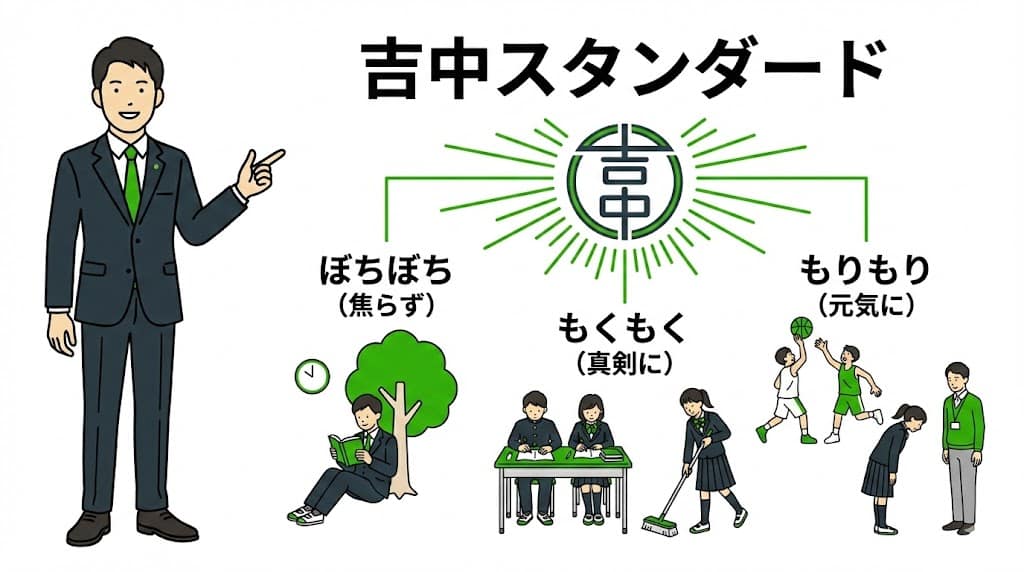 吉塚中学校の教育目標と生徒の笑顔 イラスト