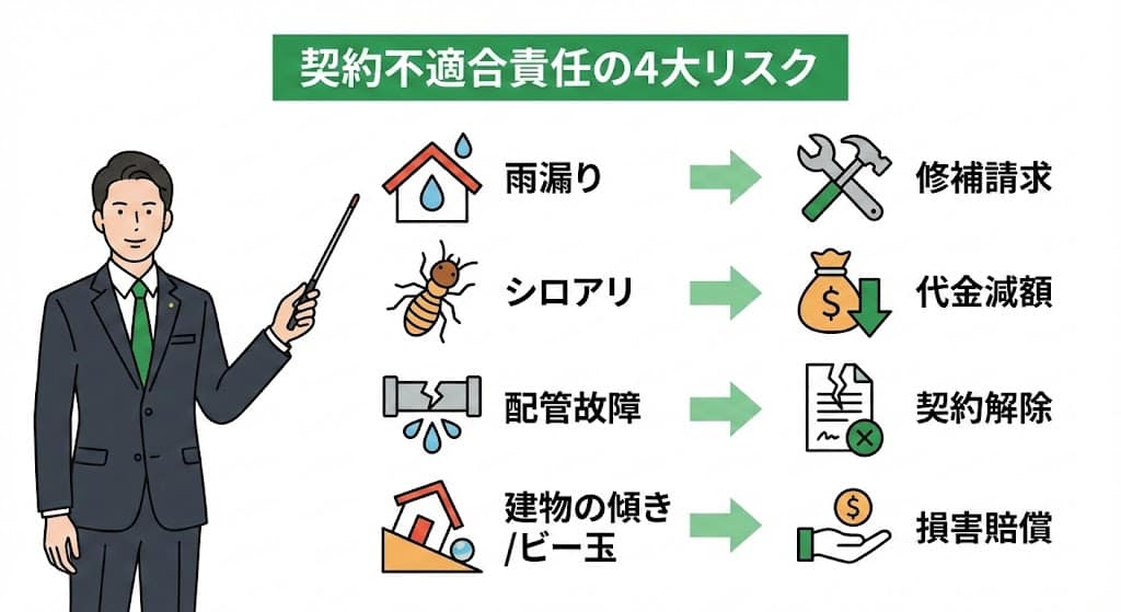 契約不適合責任の対象(雨漏り・傾き・シロアリ)と買主が持つ4つの権利の図解