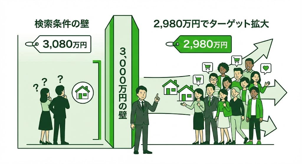 不動産ポータルサイトの価格検索条件とターゲット層の拡大イメージ